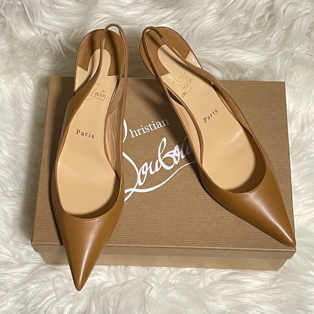 Christian Louboutin Brown Clare 80mm Pointed Toe Leather Slingback Pumps 39.5